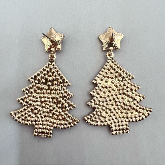 Christmas Tree Gold Tone Sparkling Rhinestone Statement Dangle Earrings - Picture 3 of 4